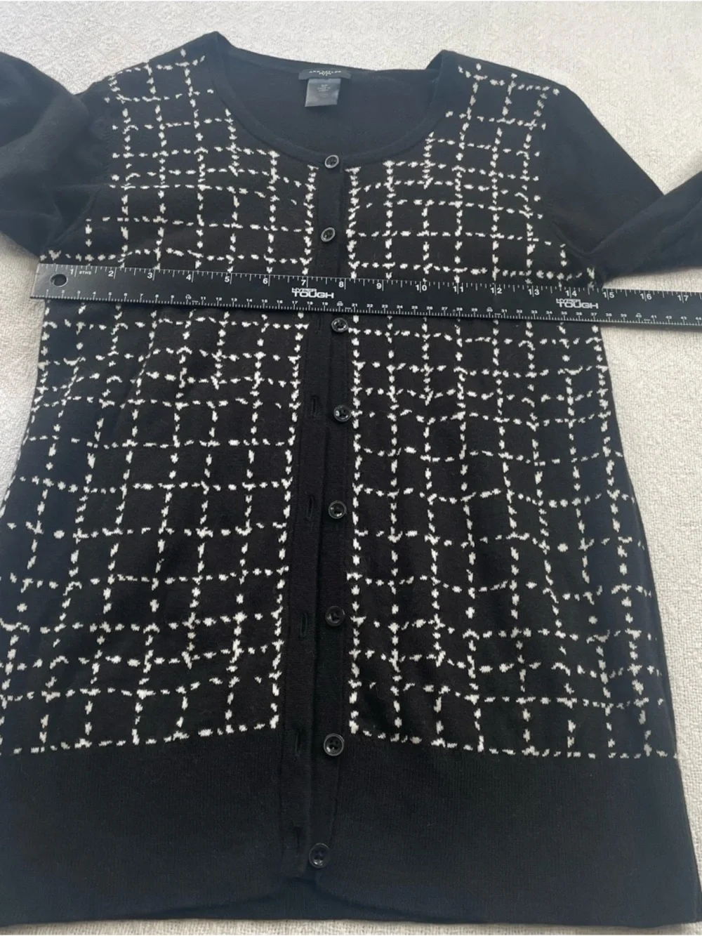 Ann Taylor Black Lightweight Knit‎ Cardigan with White Grid Stitching~ Size S/P